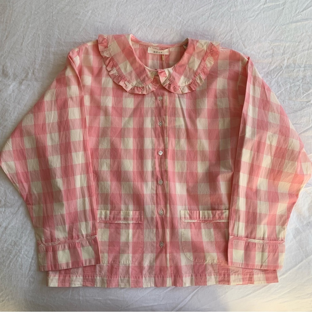 NWT Doen Paz Cotton Pink Ruffle Collar Pajama Blouse Top Rosette Gingham - Picture 6 of 11